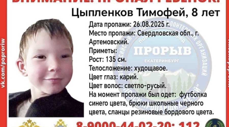 В Свердловской области пропал 8-летний ребёнок
