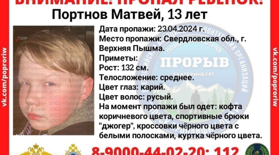 Под Екатеринбургом пропал 13-летний мальчик